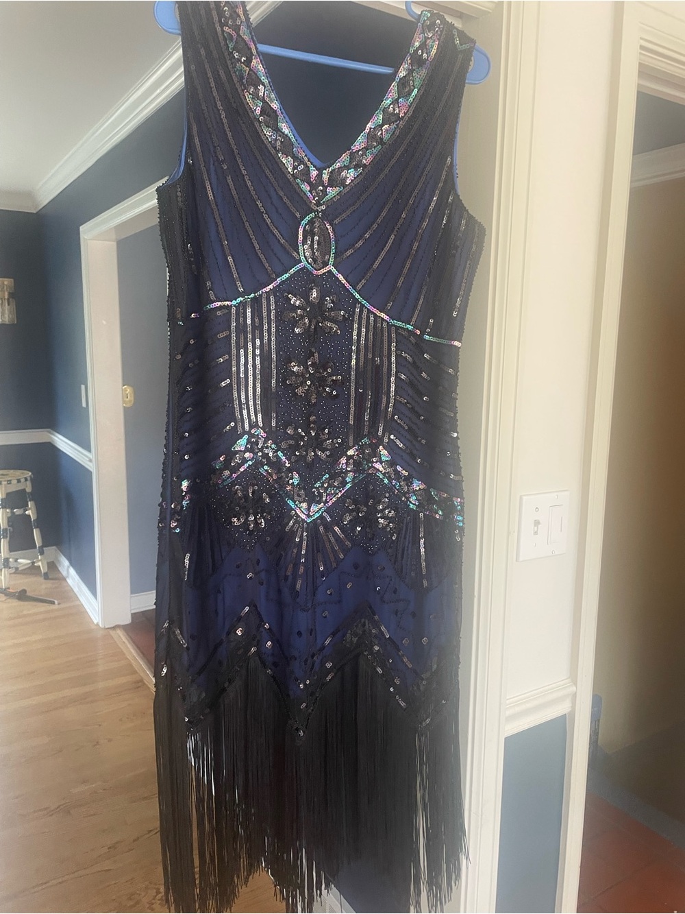 Navy Beaded Fringe flapper dress 1920s roaring 20s costume speakeasy large
